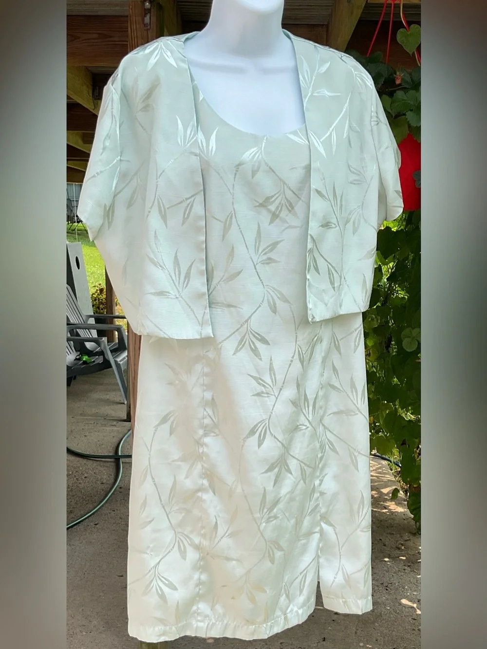 Vintage Betsy Lawren 2 Pc Sage Green Jacquard Dress Jacket Set Petite Wedding 90